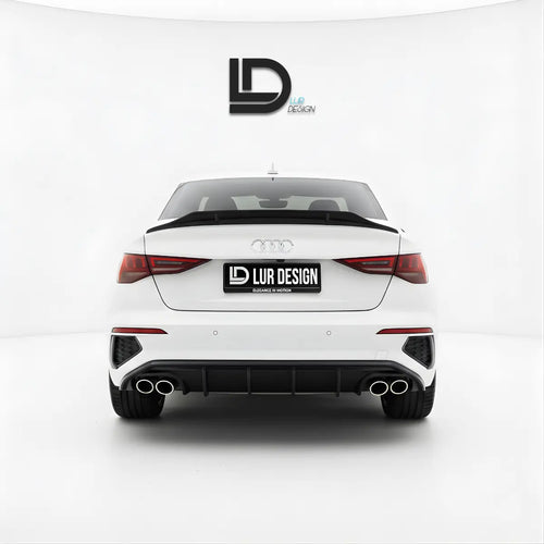 Rear diffuser splitter for Audi A3 S3 8Y Sedan White car with a black LUR Design rear spoiler on a white background