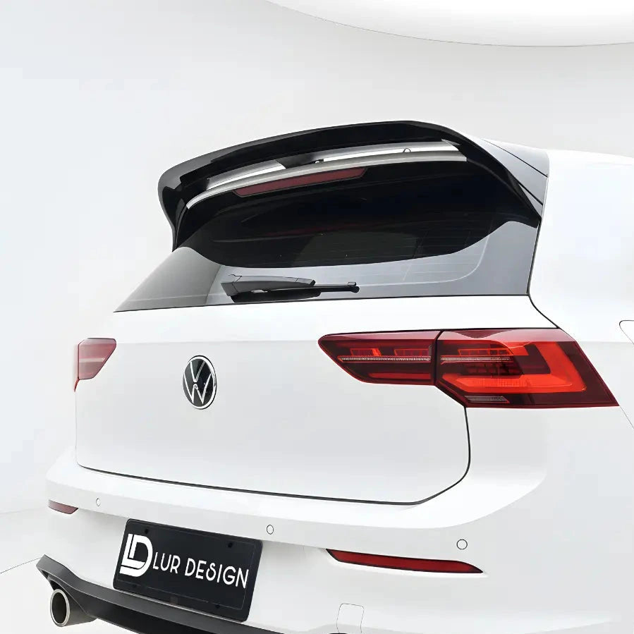 White Volkswagen golf gti mk8 with a black spoiler on a white background