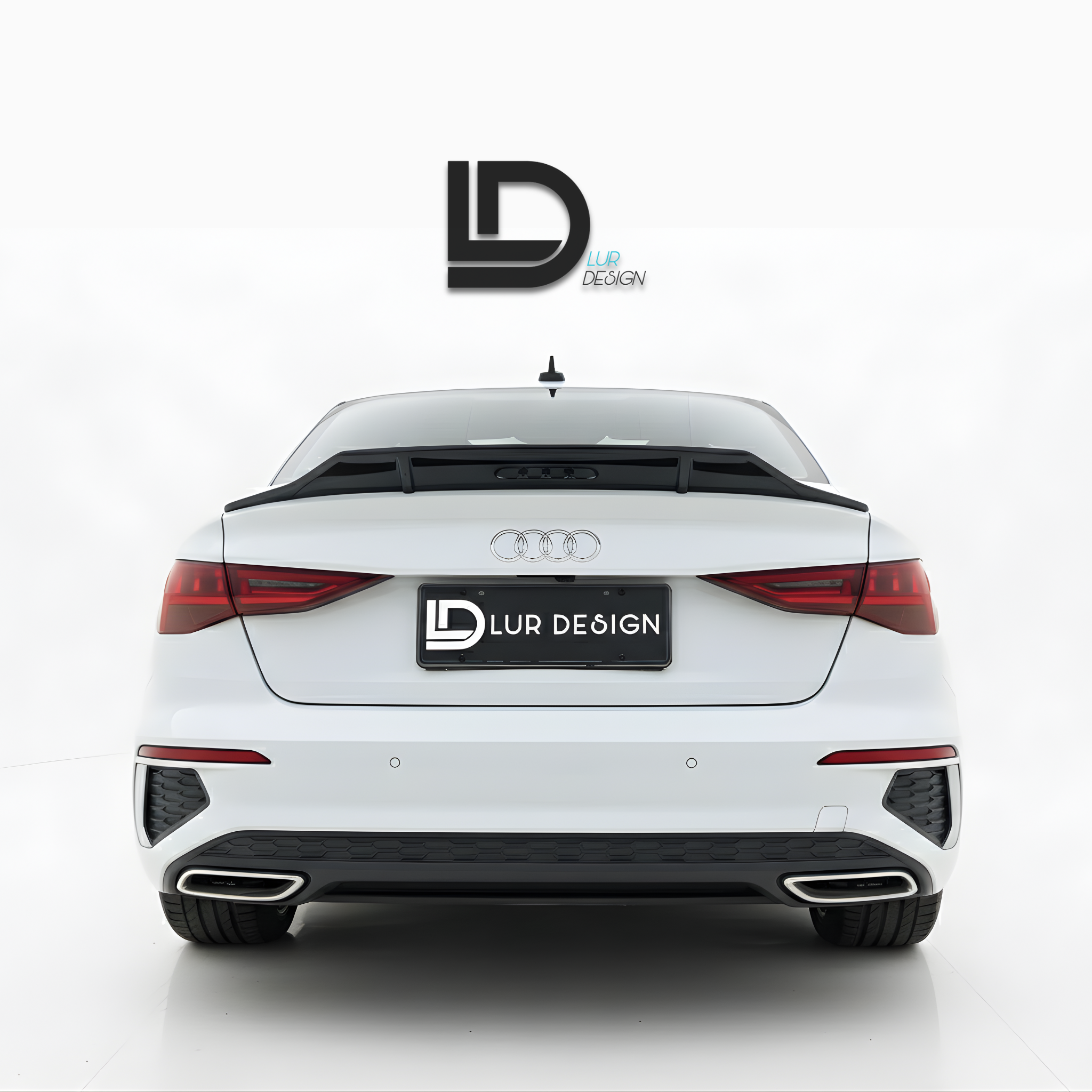White Audi car with a black rear wing and 'Lur Design' branding on a gray background
duckbill_spoiler_lip_Audi_A3_8Y_Sedan