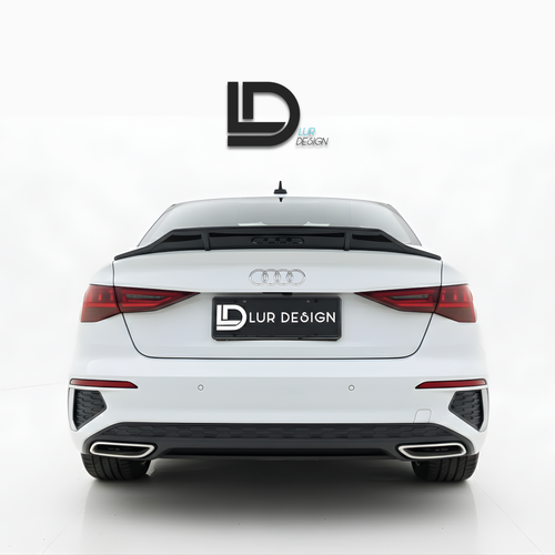 White Audi car with a black rear wing and 'Lur Design' branding on a gray background
duckbill_spoiler_lip_Audi_A3_8Y_Sedan