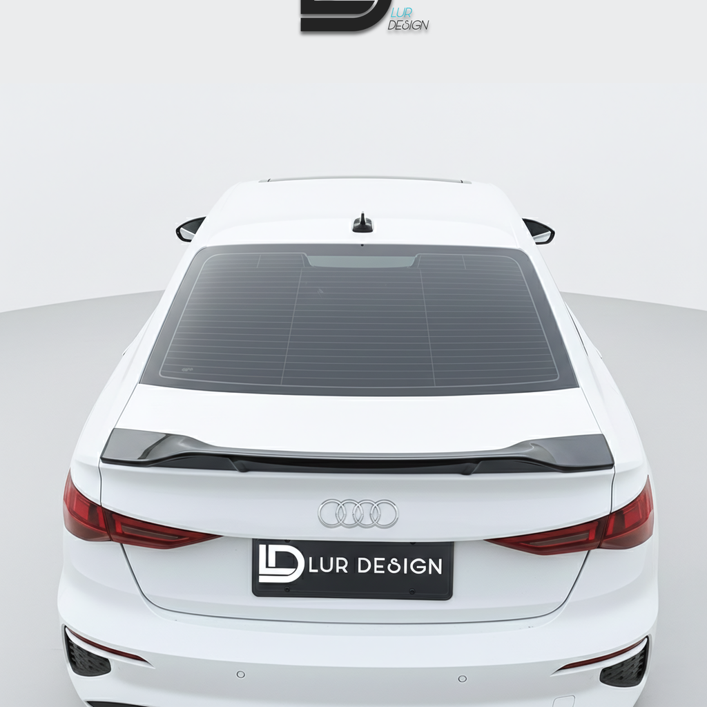 White Audi car with a black rear wing and 'Lur Design' branding on a gray background
duckbill_spoiler_lip_Audi_A3_8Y_Sedan