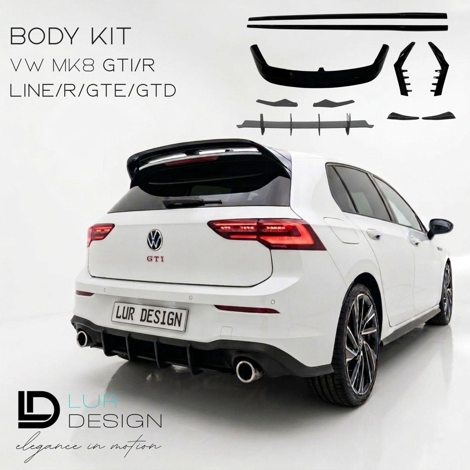 Kit carrosserie V.1 pour Volkswagen Golf GTI MK8, V1 aileron/becquet arrière, diffuseur arrière, aileron latéral de fenêtre arrière, bas de caisse et canards | Lur Design