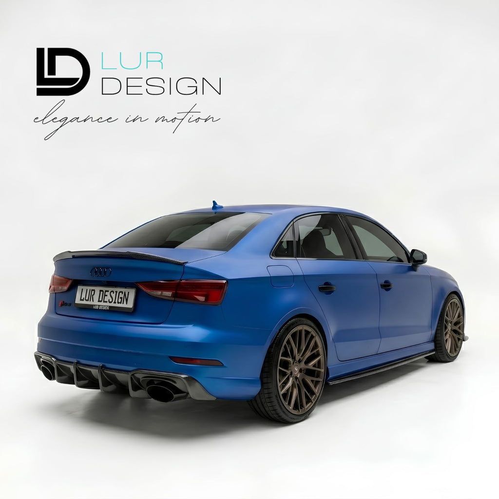 Rear Duckbill  Spoiler Cap lip Audi A3 8V Sedan 
Blue car with a black spoiler on a white background, featuring Lur Design logo.