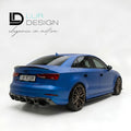 Rear Duckbill  Spoiler Cap lip Audi A3 8V Sedan 
Blue car with a black spoiler on a white background, featuring Lur Design logo.