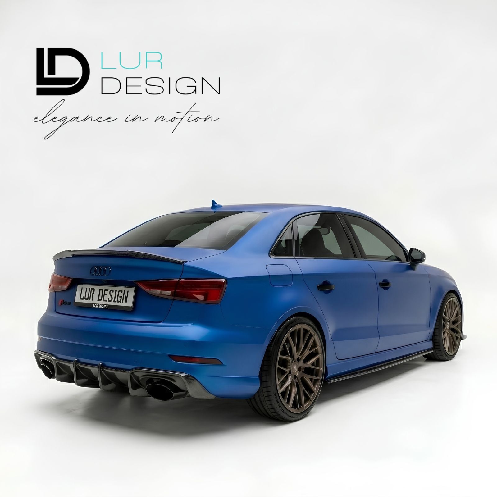 Rear Duckbill  Spoiler Cap lip Audi A3 8V Sedan 
Blue car with a black spoiler on a white background, featuring Lur Design logo.