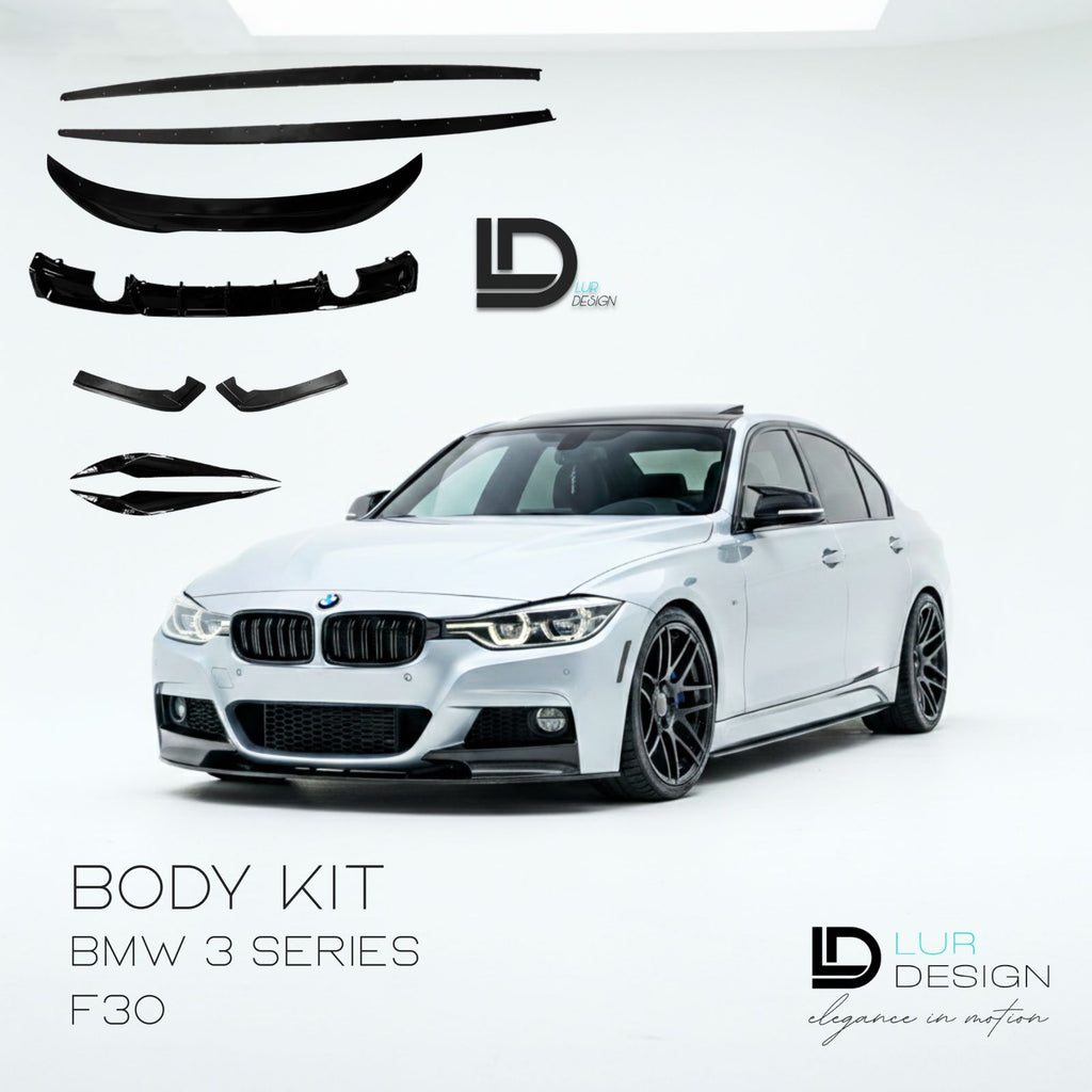 White BMW 3 Series F30 with body kit parts and Lur Design branding on a white background