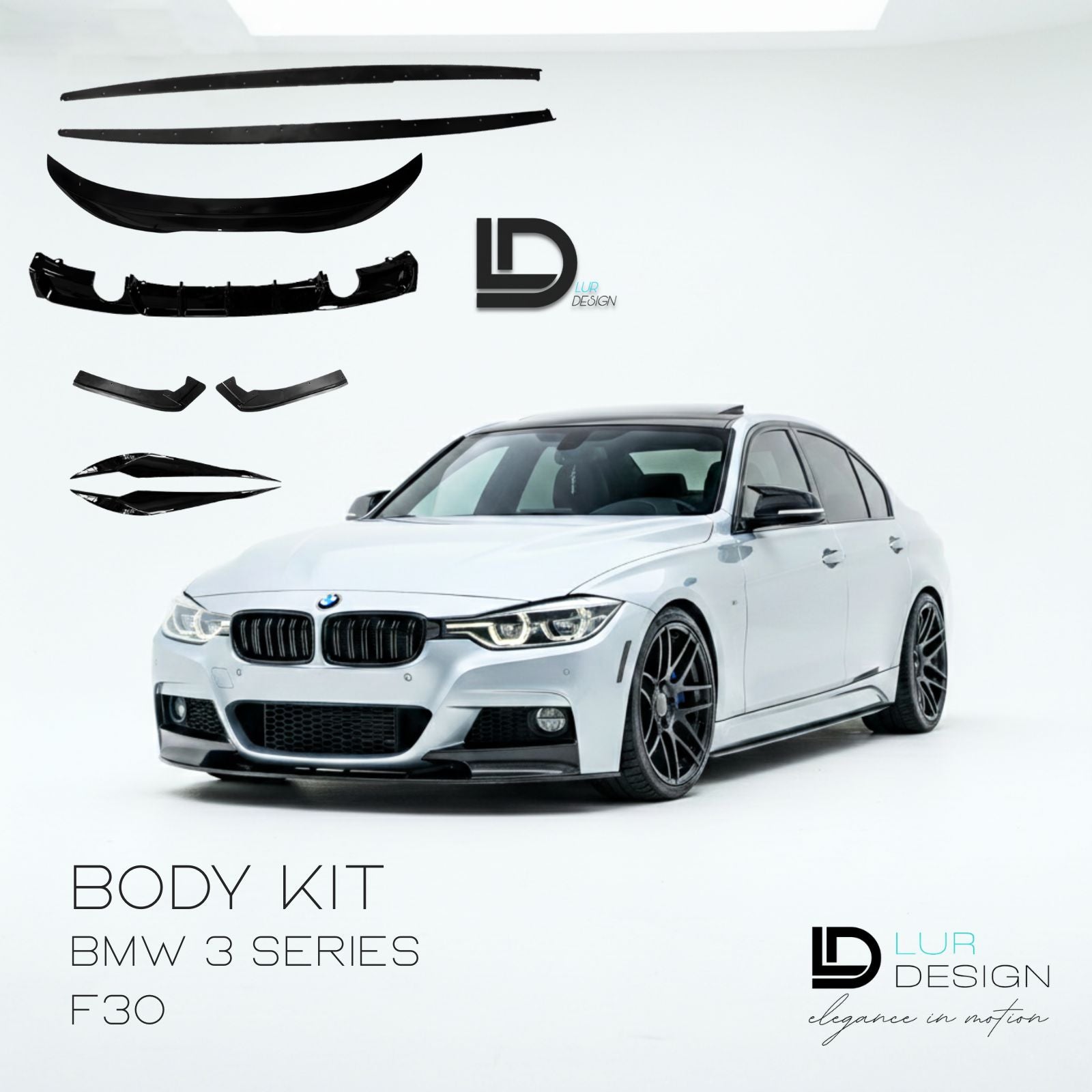 White BMW 3 Series F30 with body kit parts and Lur Design branding on a white background