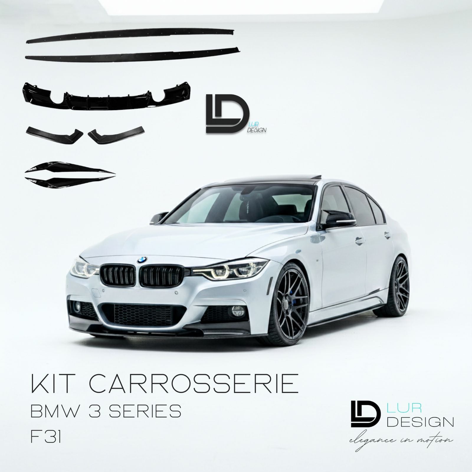 White BMW 3 Series F31 with car body kit components and LD Design branding on a white background.