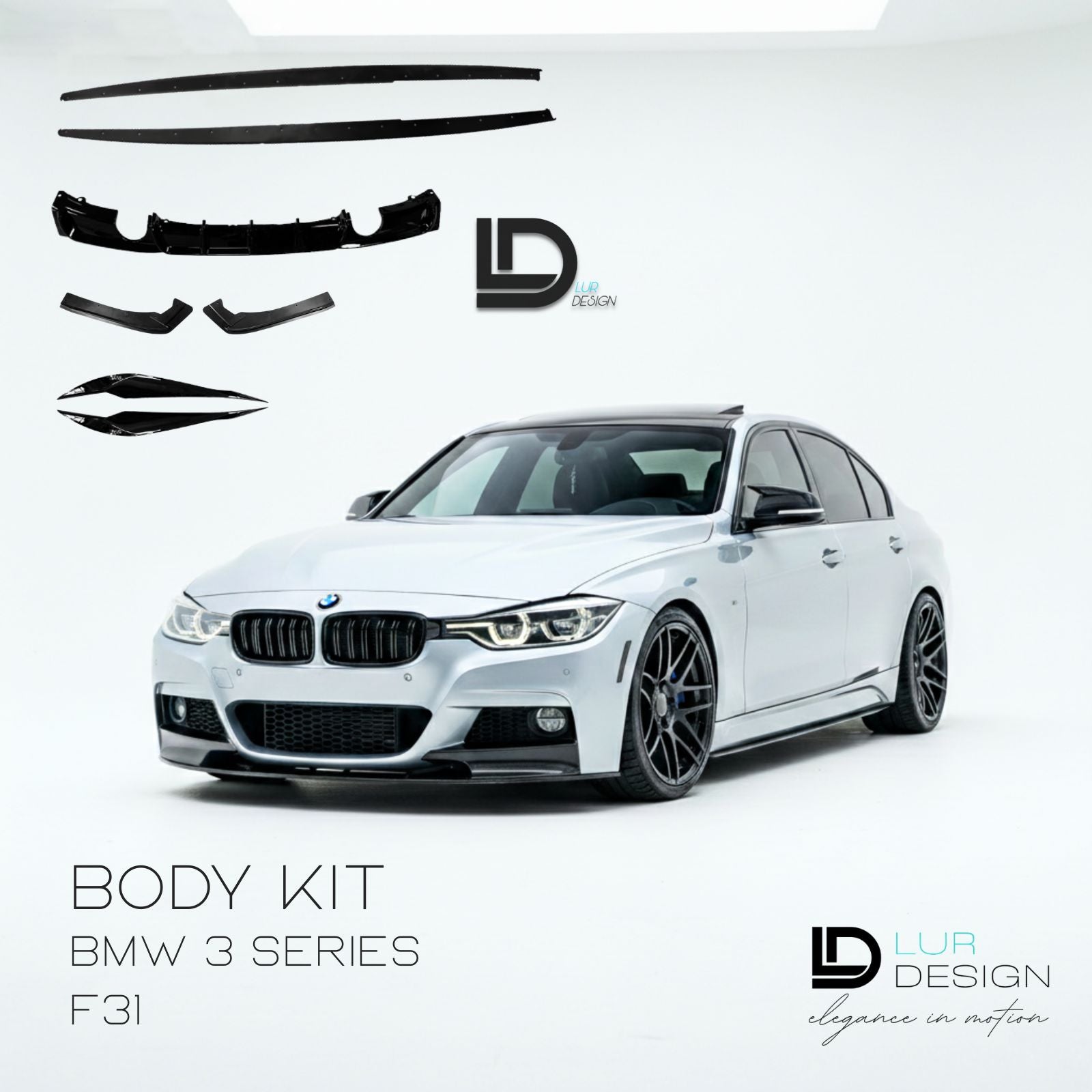 White BMW 3 Series F31 with car body kit components and LD Design branding on a white background.