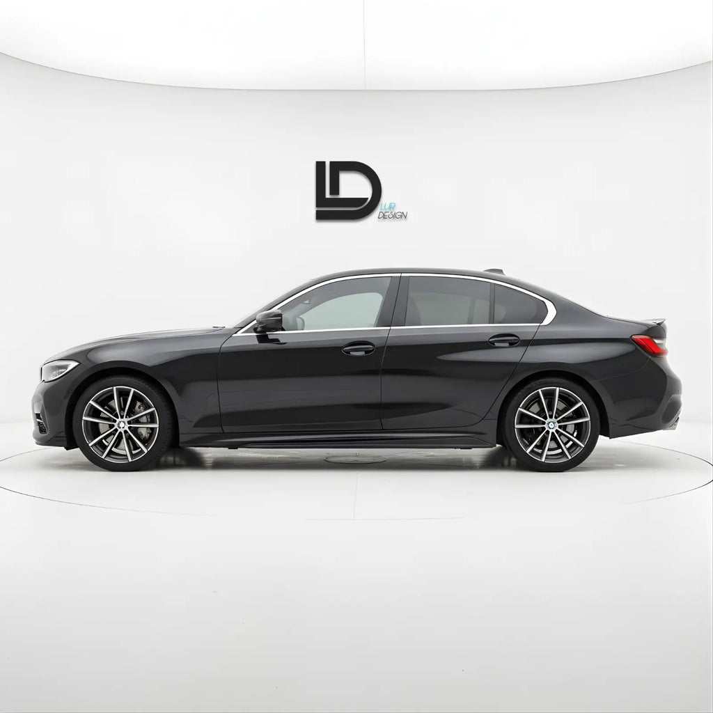 Side view of a  BMW 3 Series G20 Side Skirts for M-Sport on a white background with 'LD' logo.