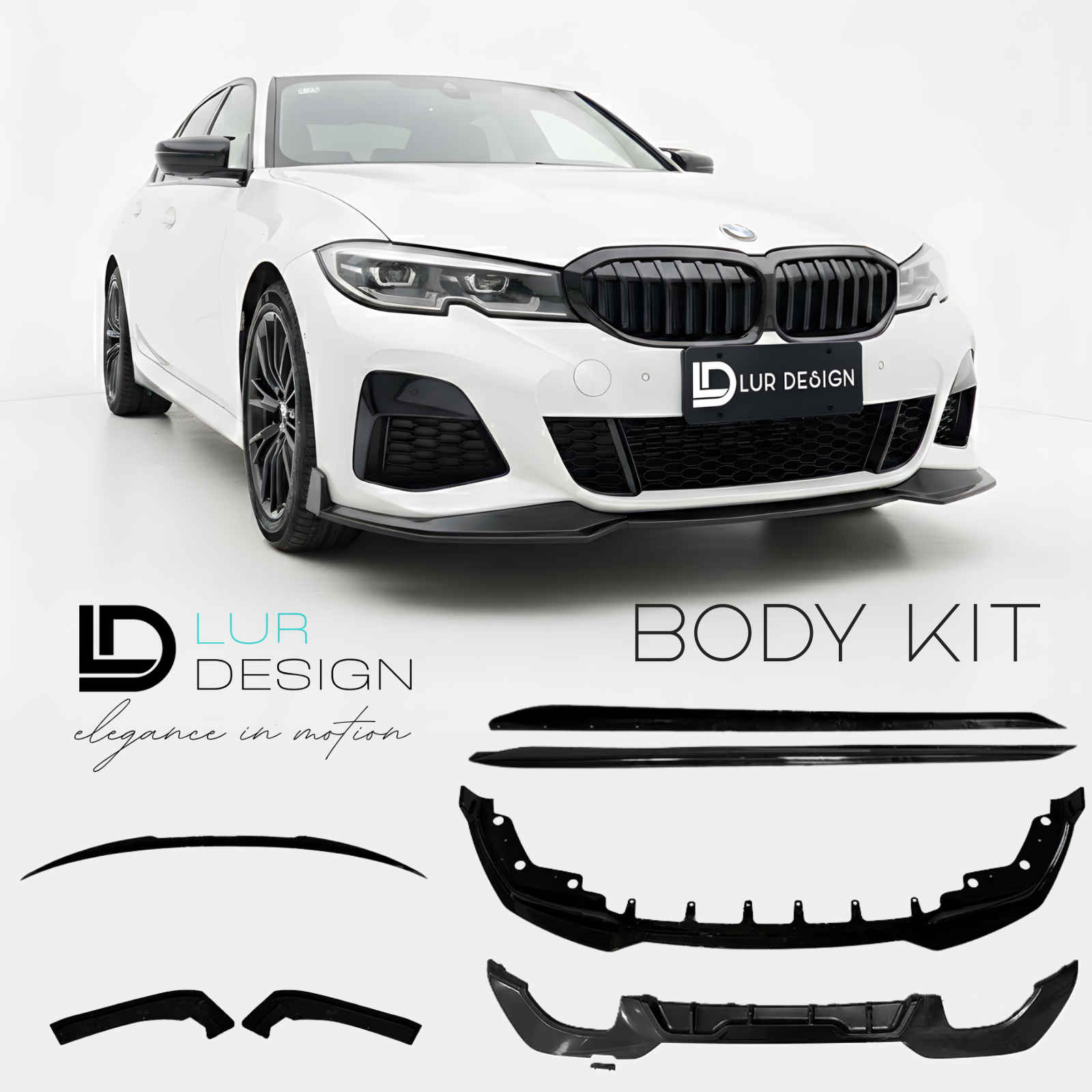 Body Kit for BMW 3 Series G20 M Sport on White car with Lur Design body kit components displayed below on a white background