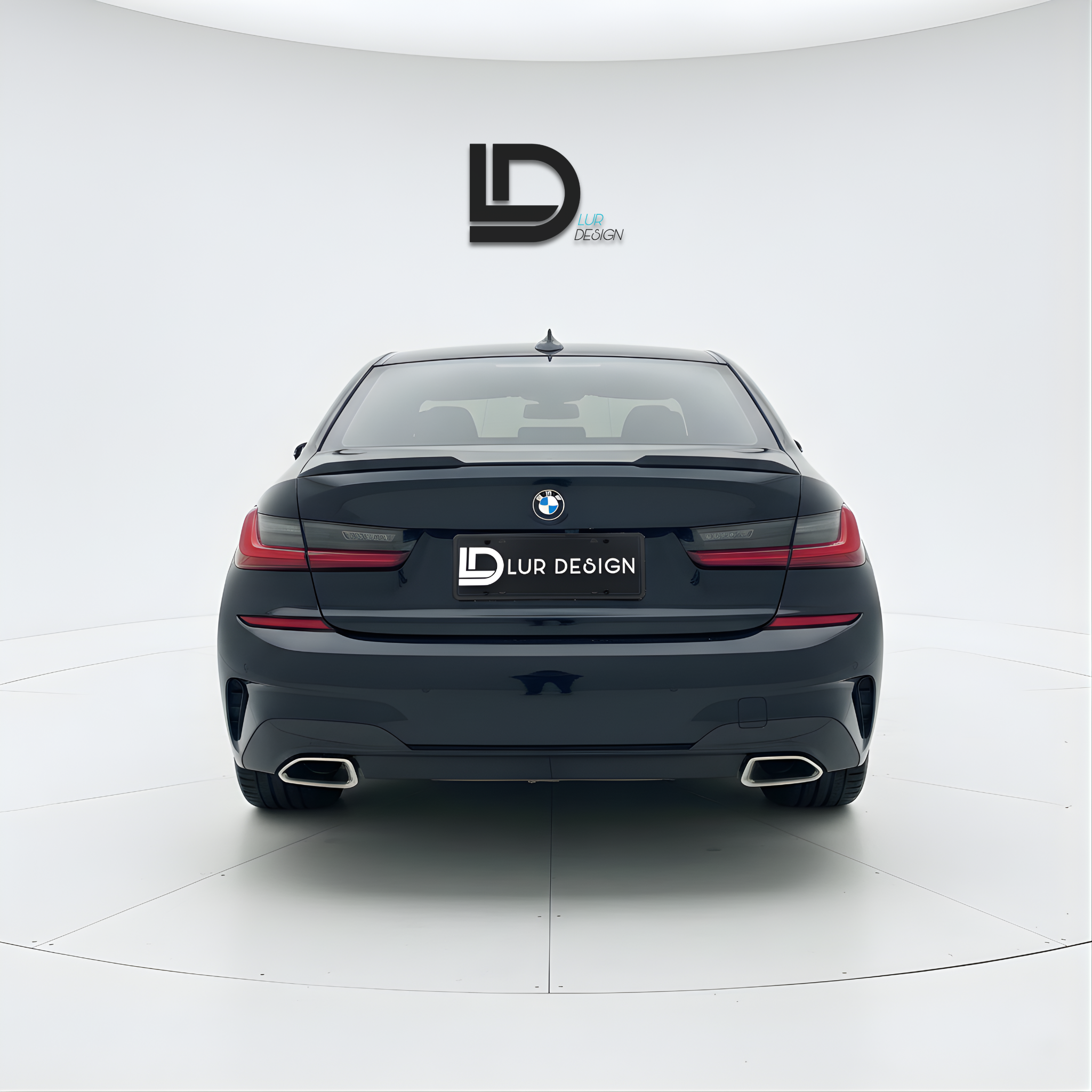 Black BMW car with 'Lur Design' branding on a gray background with Duckbill Spoiler Lip