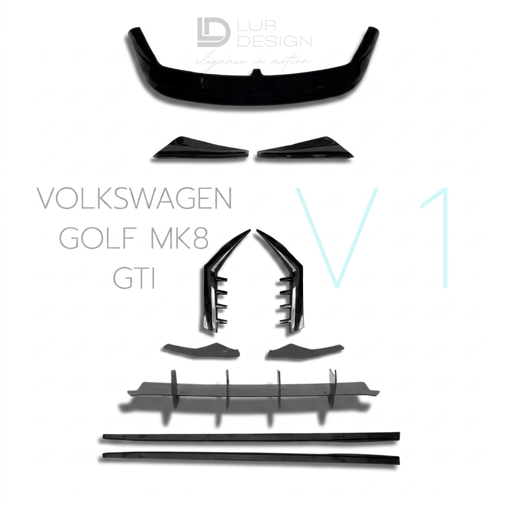 Body Kit V.1 Per Volkswagen Golf GTI MK8, Spoiler posteriore V1, Splitter posteriore, Spoiler laterale lunotto, Minigonne laterali e canard | Lur Design