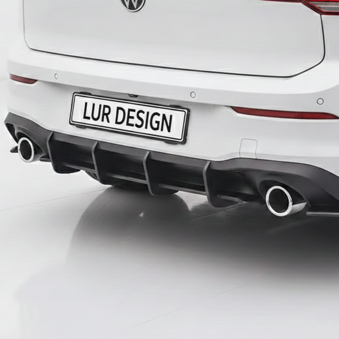 Rear Diffuser Volkswagen Golf 8 GTI
Car rear bumper with 'LUR DESIGN' license plate on a white background