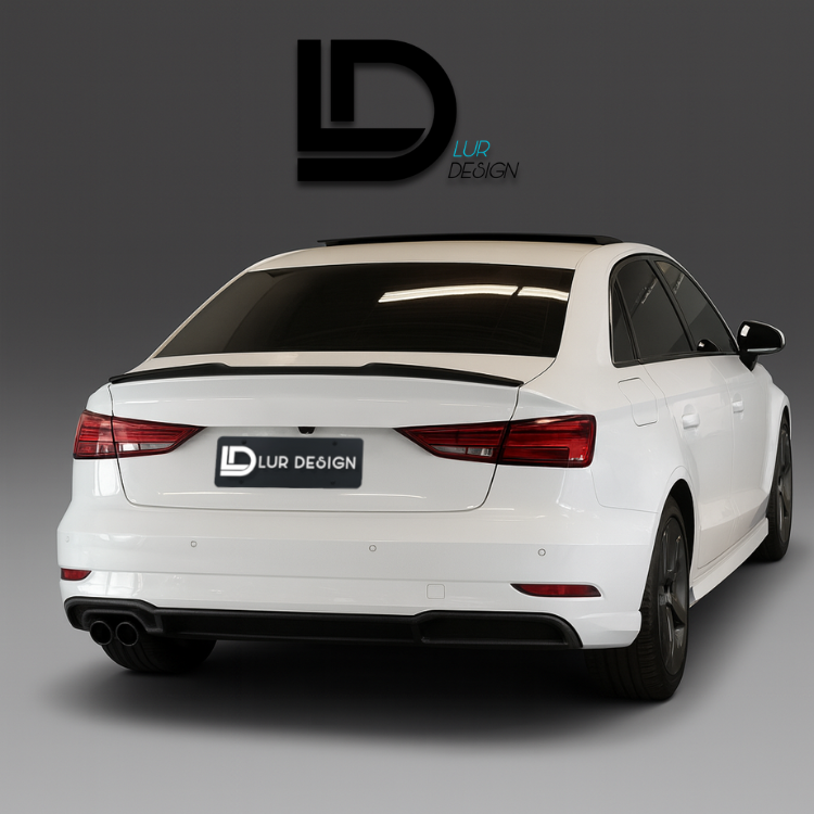 Rear_Spoiler_Cap_Audi_A3_8V_Sedan_1
White car with a black spoiler on a gray background, featuring Lur Design logo.