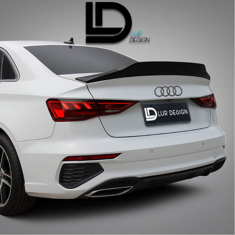 White Audi car with a black rear wing and 'Lur Design' branding on a gray background
Rear_Spoiler_Cap_Audi_A3_8Y_Sedan