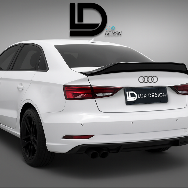 White Audi car with a black Lur Design spoiler on a gray background