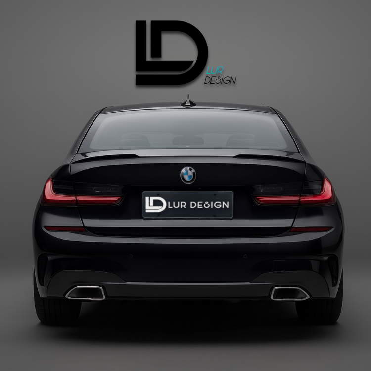 Black BMW car with 'Lur Design' branding on a gray background with Duckbill Spoiler Lip