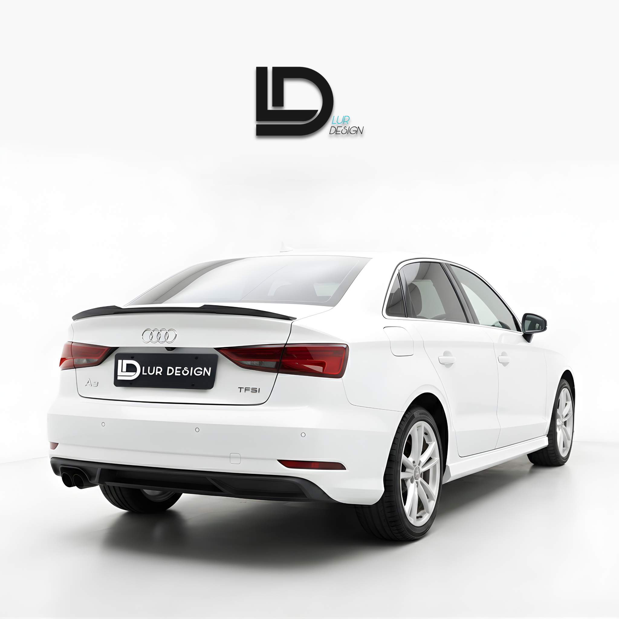 Rear Duckbill  Spoiler Cap lip Audi A3 8V Sedan 
White car with a black spoiler on a white background, featuring Lur Design logo.