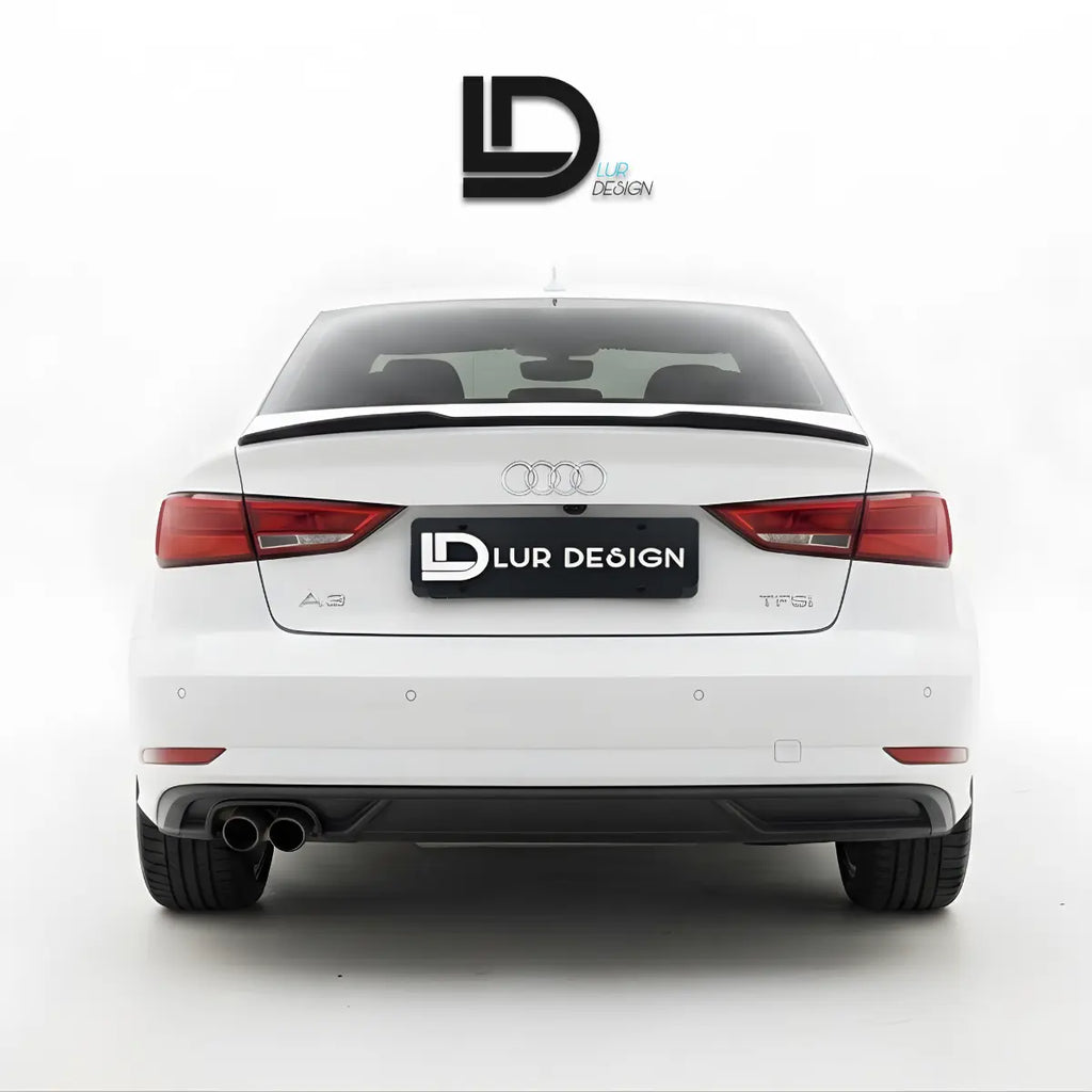 Rear Duckbill Spoiler Cap lip Audi A3 8V Sedan 
White car with a black spoiler on a white background, featuring Lur Design logo.