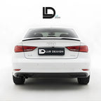Rear Duckbill Spoiler Cap lip Audi A3 8V Sedan 
White car with a black spoiler on a white background, featuring Lur Design logo.