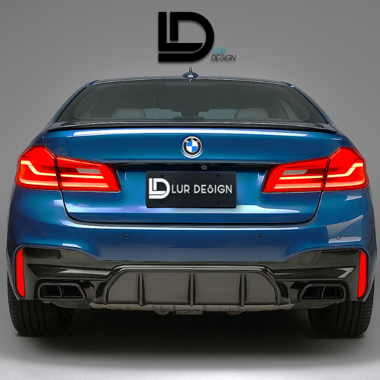 Blue BMW car with Lur Design rear bumper Diffuser on a gray background