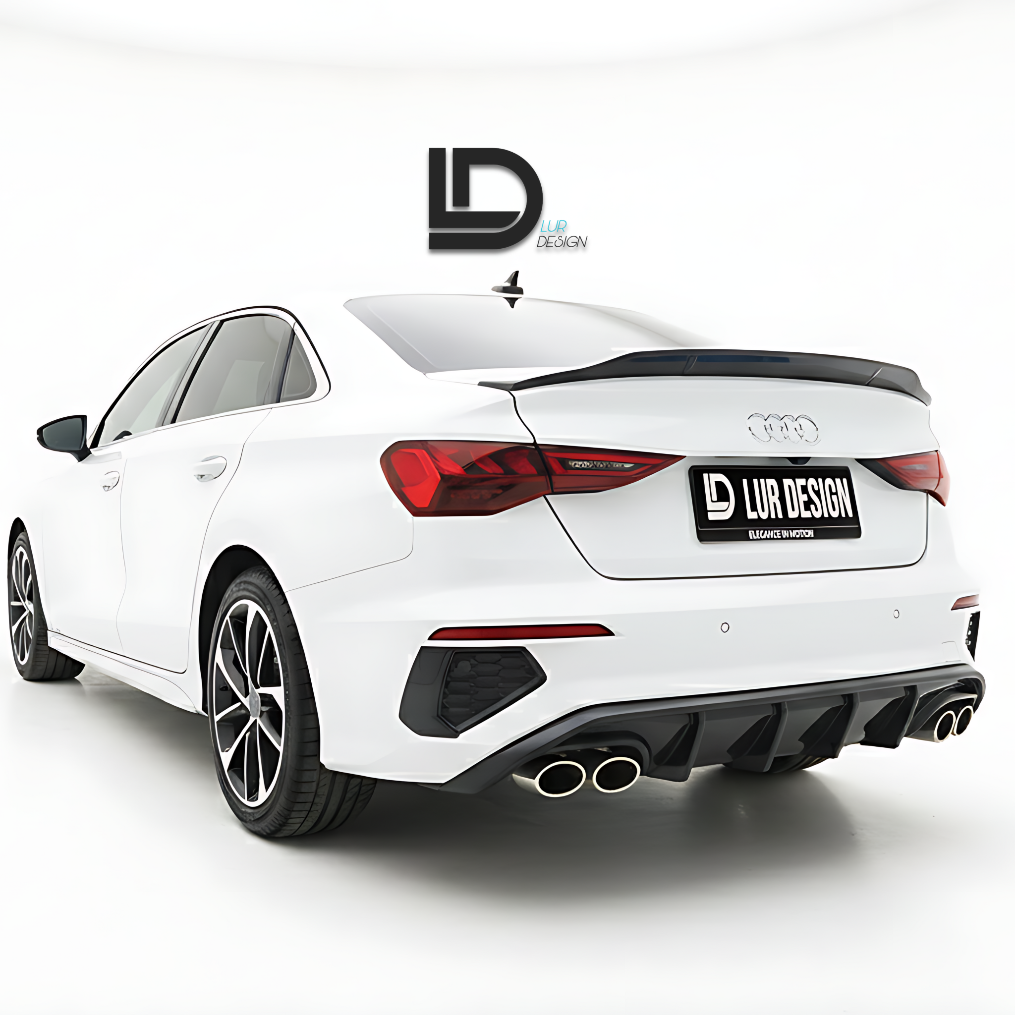 Rear diffuser splitter for Audi A3 S3 8Y Sedan White car with a black LUR Design rear spoiler on a white background