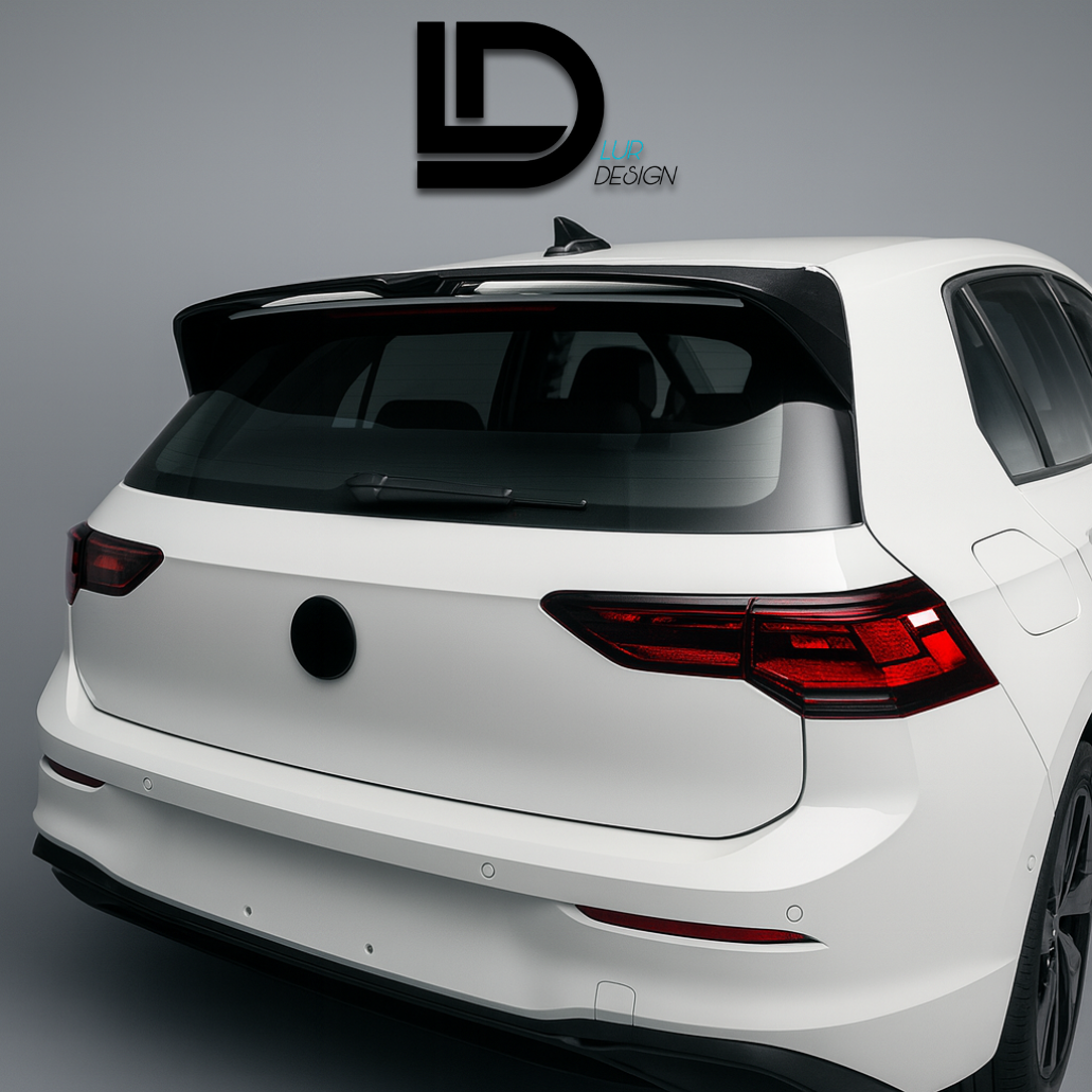 White car with a black spoiler on a gray background, featuring the 'Lur Design' logo.
V2_Rear_Spoiler_Volkswagen_R_MK8