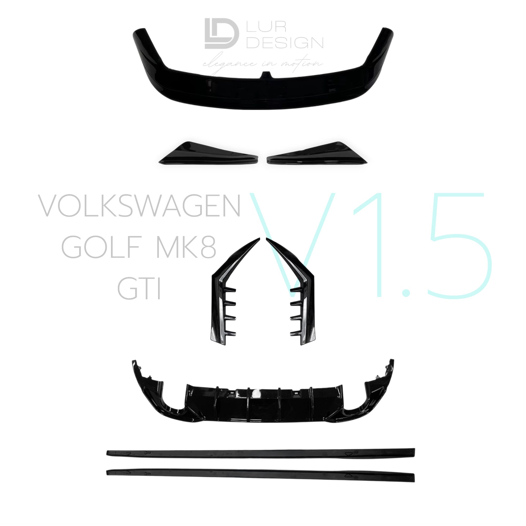 Kit Carrozzeria V.1.5 Per Volkswagen Golf GTI MK8, Spoiler Posteriore V1, Diffusore Posteriore, Spoiler Laterale Lunotto, Minigonne Laterali e Canards | Lur Design