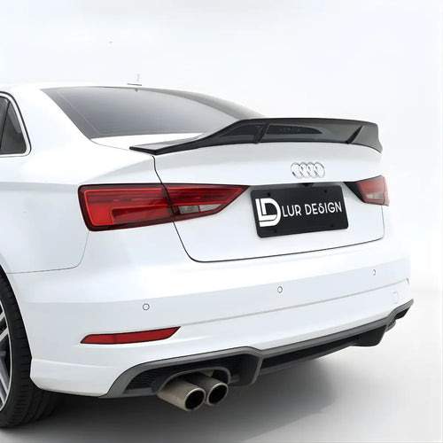 Audi A3 8V with black rear duckbill spoiler lip on a white background, featuring Lur Design branding.