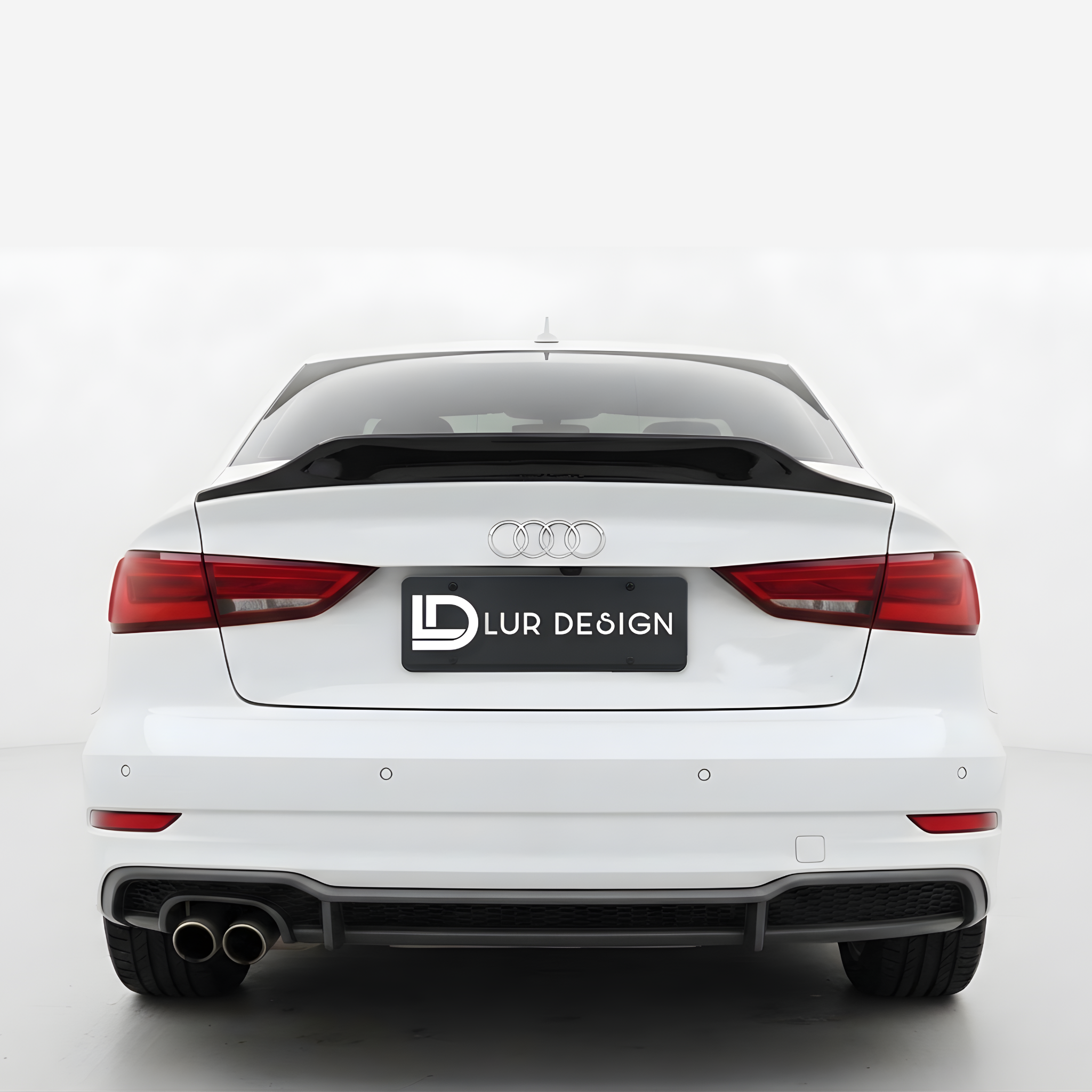 Audi A3 8V with black rear duckbill spoiler lip on a white background, featuring Lur Design branding.