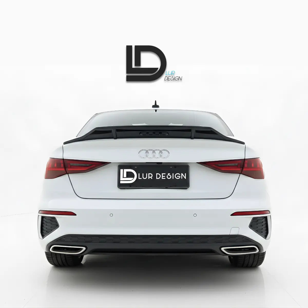White Audi car with a black rear wing and 'Lur Design' branding on a gray background
duckbill_spoiler_lip_Audi_A3_8Y_Sedan