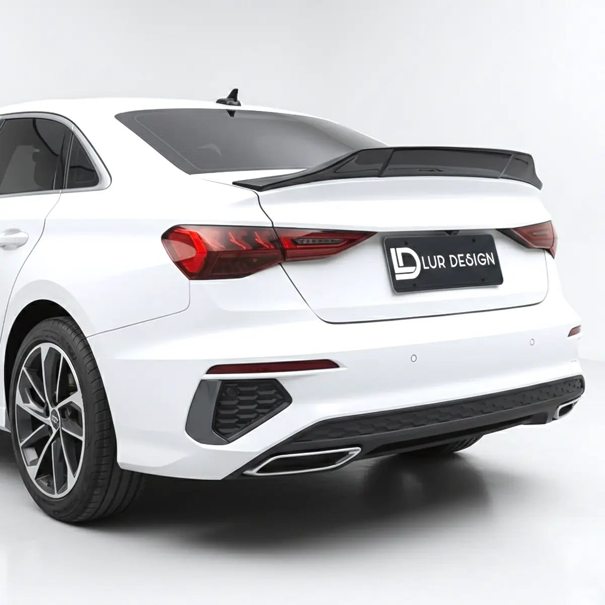 White Audi car with a black rear wing and 'Lur Design' branding on a gray background
duckbill_spoiler_lip_Audi_A3_8Y_Sedan
