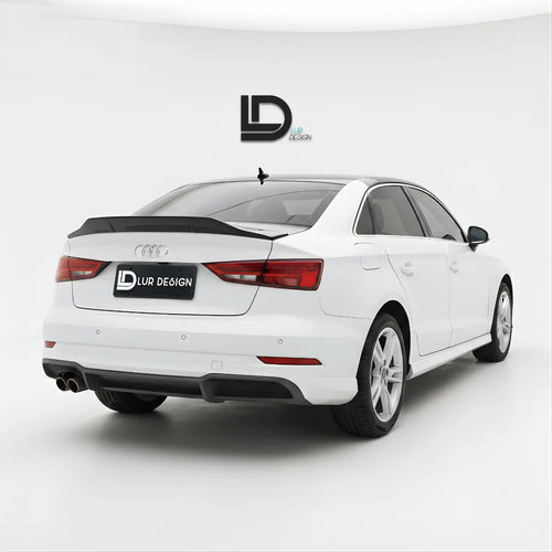 Audi A3 8V with black rear duckbill spoiler lip on a white background, featuring Lur Design branding.