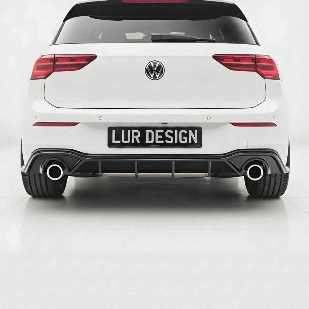 Volkswagen Golf MK8 gti R Line with  rear diffuser Lur Design Plate on a white background with 'LD Design' logo.
