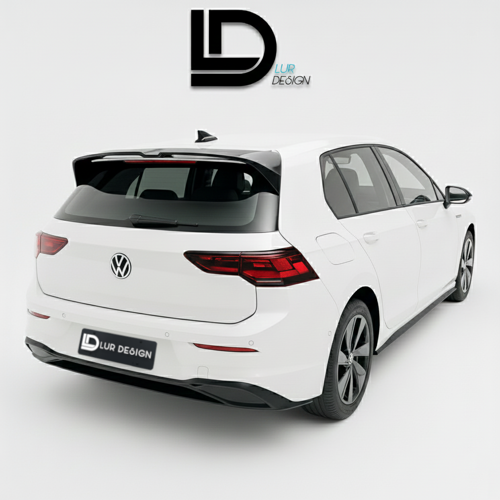 White car with a black spoiler on a gray background, featuring the 'Lur Design' logo.
V2_Rear_Spoiler_Volkswagen_R_MK8