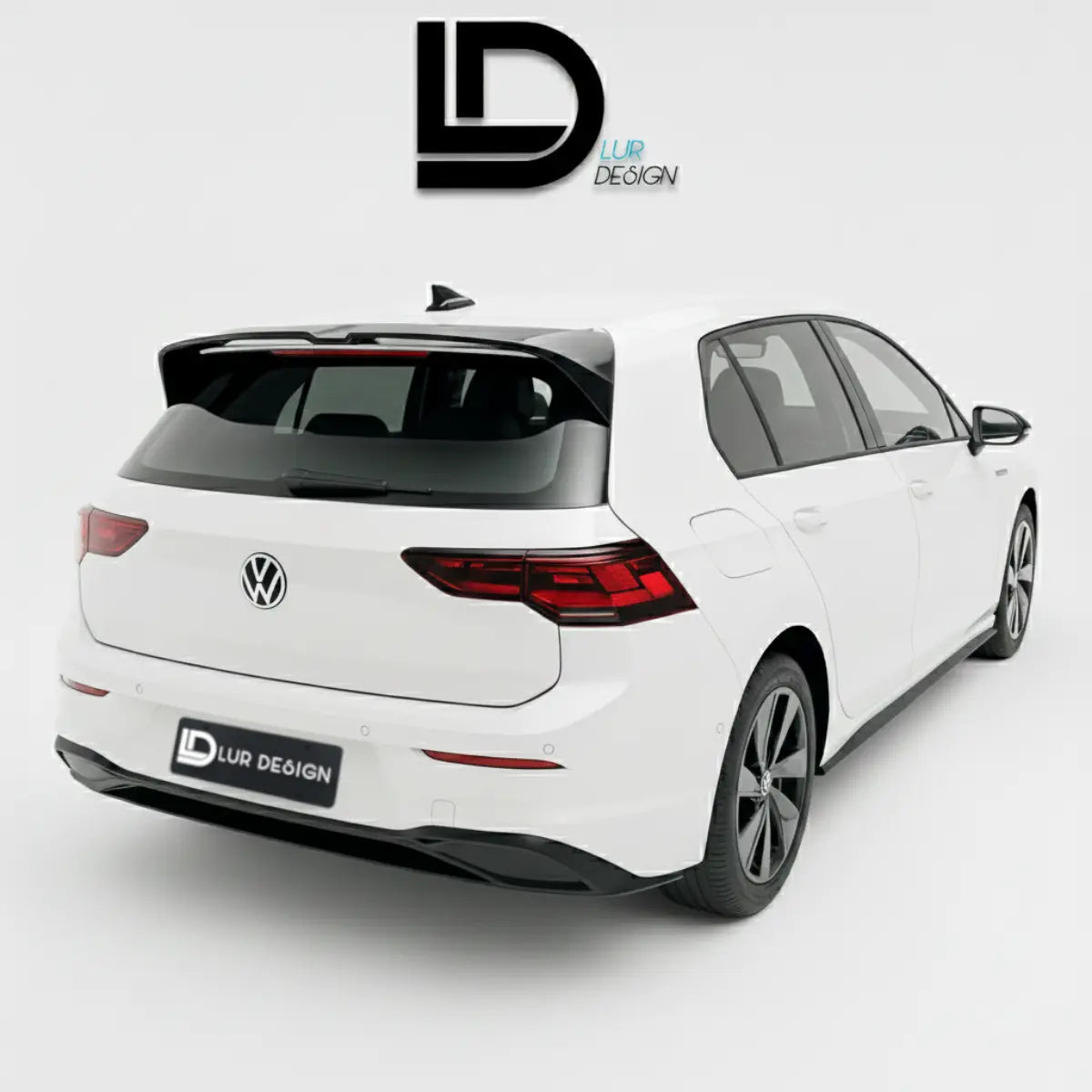 White car with a black spoiler on a gray background, featuring the 'Lur Design' logo.
V2_Rear_Spoiler_Volkswagen_R_MK8